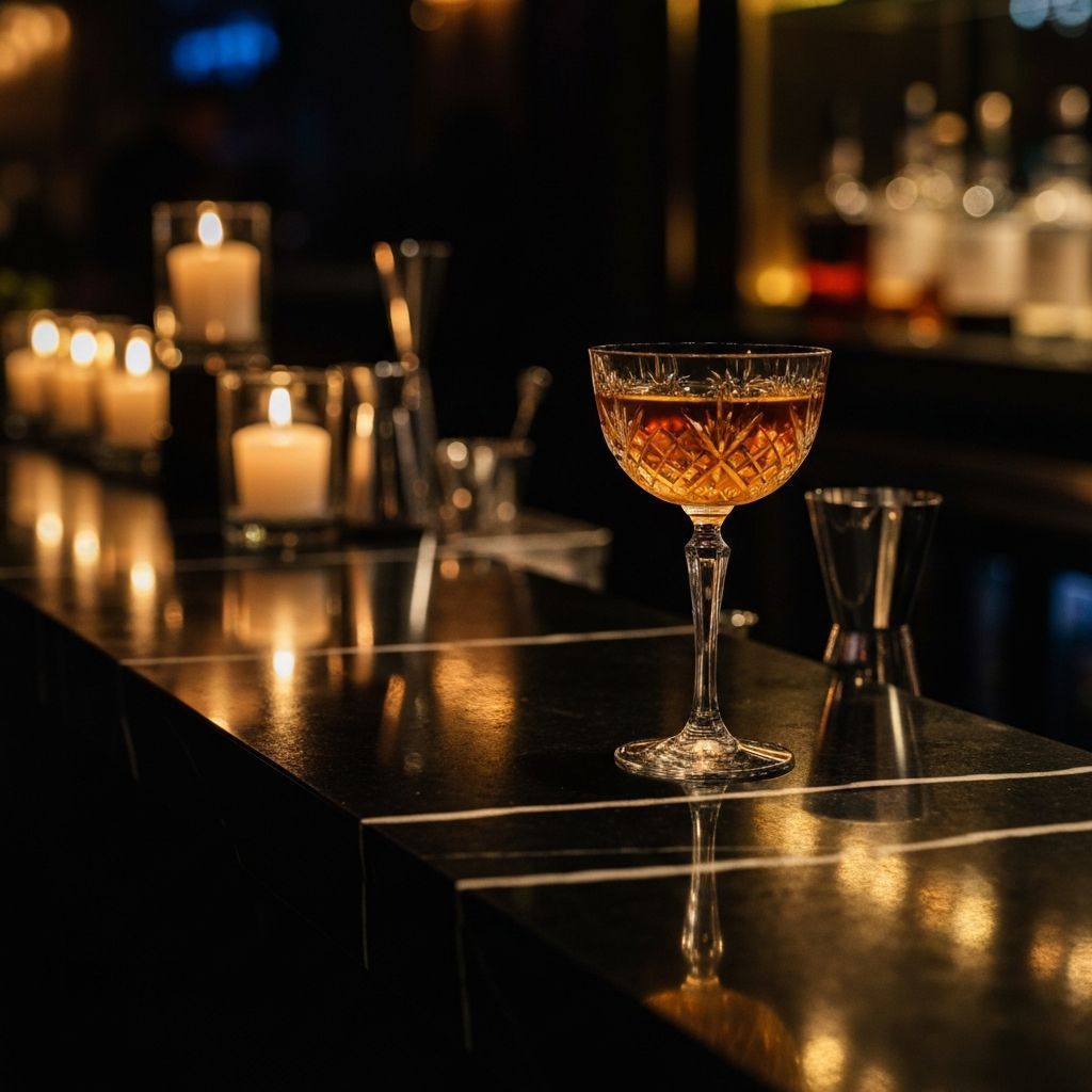 Elegant cocktail in crystal glass with warm candlelight ambiance