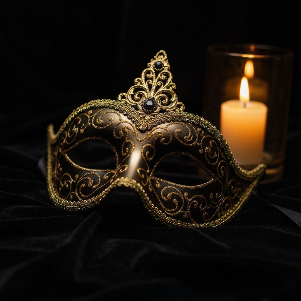 Ornate golden masquerade mask on dark velvet